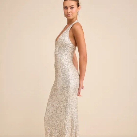Lulus Velenia Champagne Sequin Halter Mermaid Maxi Dress Gold - Size S - Picture 4 of 4